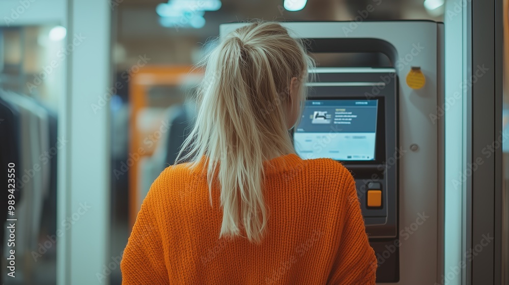 Obraz premium Woman in an orange sweater using a self-service kiosk in a retail store during daytime