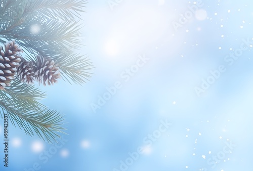 Winter Pine Branch with Snowflakes Bokeh Background