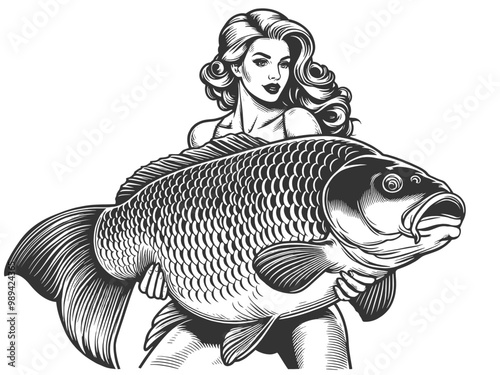 pin-up woman hugging a giant carp fish, playful and surreal sketch engraving generative ai fictional character vector illustration. Scratch board imitation. Black and white image.