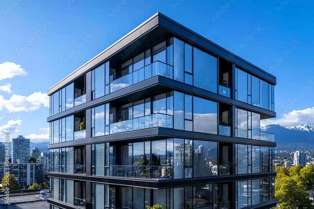 A modern apartment building with large glass windows, showcasing urban living with stylish balconies and city views A modern apartment building with large glass windows, showcasing urban living with stylish balconies and city views