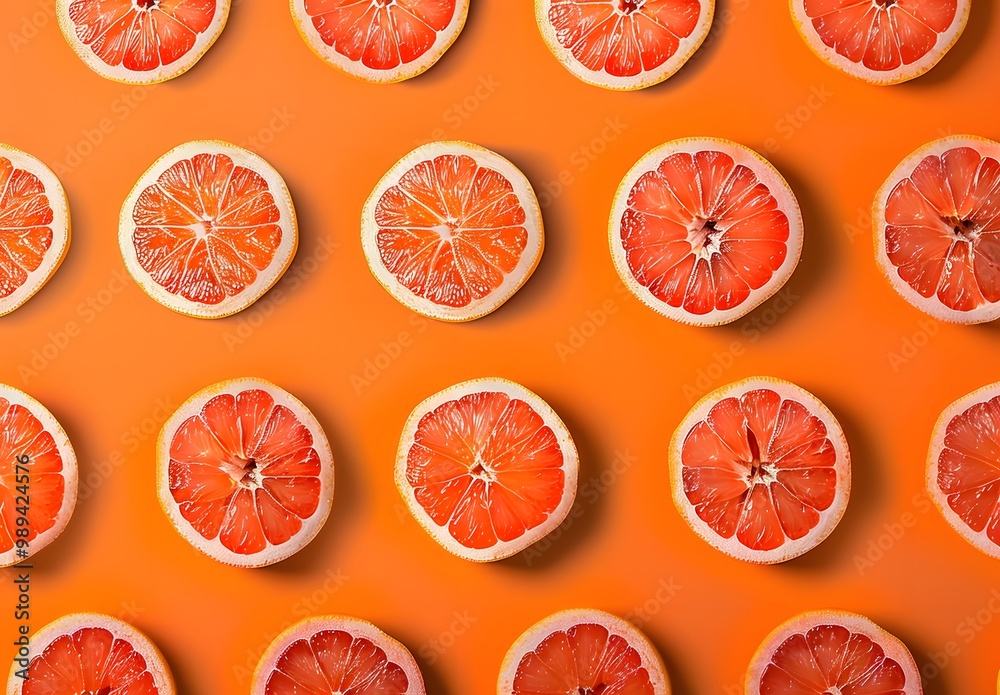 Symmetrical Grapefruit Slices Pattern on Orange Background Symmetrical Grapefruit Slices Pattern on Orange Background