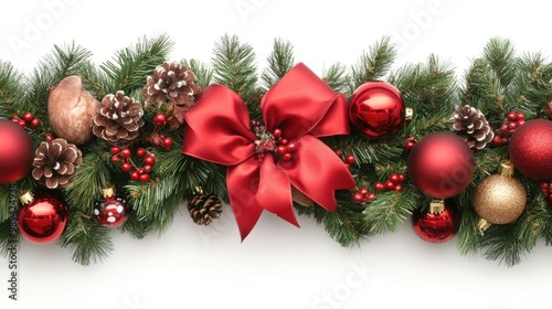 A festive Christmas garland adorned with red ribbon and pine branches creates a warm holiday atmosphere on a crisp white background