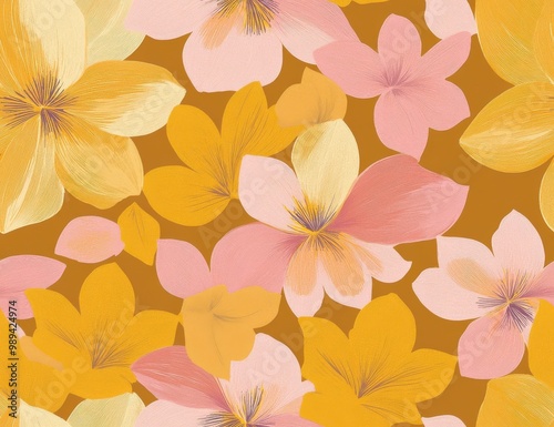 Seamless pattern with colorful flowers on a golden background