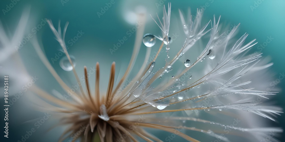 Fototapeta premium Macro shot of delicate dandelion seeds adorned with water droplets, against a soft, blurred background 
