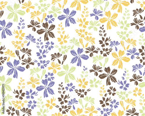Wild meadow buttercup flowers repeat ornament vector illustration. Millefleur...