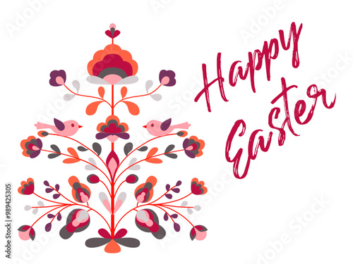 Happy Easter design with flowers and birds on tree of life. Blooming life tree, chicken, spring blossom. Ethnic style floral zoomorphic ornament. Abstract spring blossom on twigs. Holiday card
