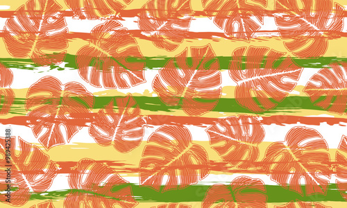 Monstera plant foliage floral repeat rapport over stripes background. Modern ...
