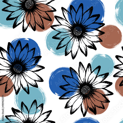 Chrysanthemum cute vector endless pattern. Osteospermum bloom over circles ba...