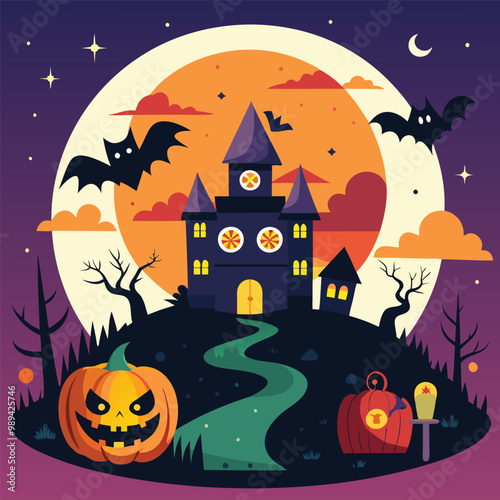 Happy Halloween Vector Background Design With Hunted House Pumpkins And Ghost  Illustration