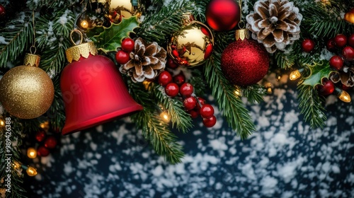 A close-up of a festive red bell and golden ornaments on an evergreen tree amidst a snowy Christmas backdrop photo