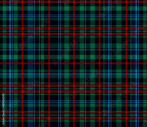 Green Dark Blue Tartan Plaid Pattern With Red Lines