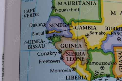close up of the country of Burkina faso viewed on a wold map as a travel concept. Guinea gulf countries on a map. Countries of Guinea gulf

