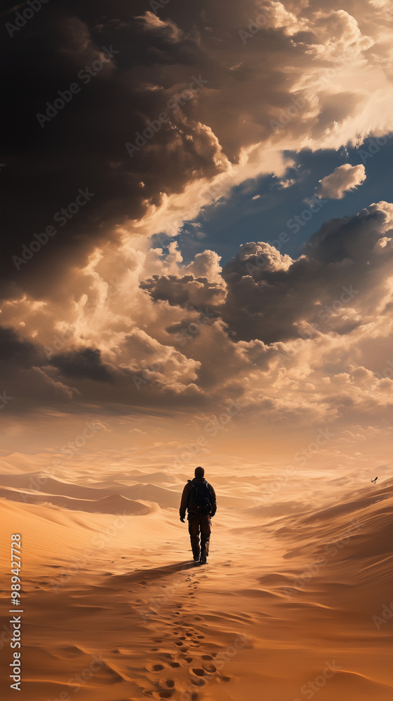 Lone Explorer Walking in Majestic Desert with Dramatic Clouds Lone Explorer Walking in Majestic Desert with Dramatic Clouds