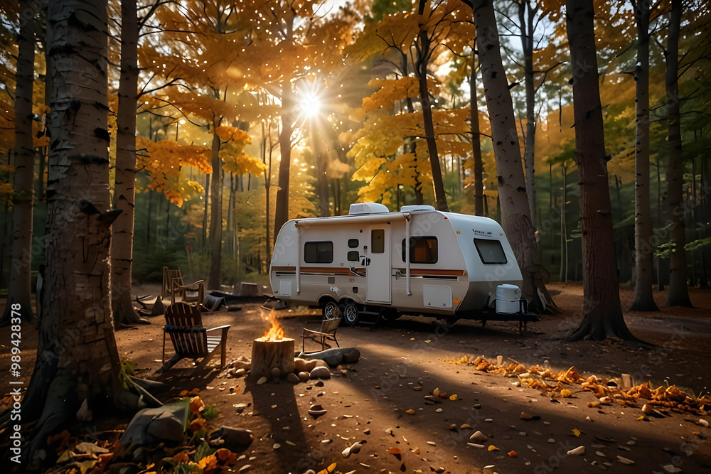 Serene Autumn RV Camping. Cozy Trailer, Campfire, and Vibrant Fall Foliage. Serene Autumn RV Camping. Cozy Trailer, Campfire, and Vibrant Fall Foliage.