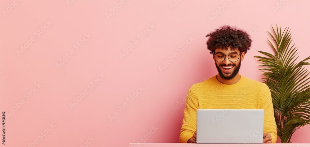 A scene of a payday reward, with a person booking a dream vacation online, bright colors and a joyful expression capturing the excitement of financial freedom