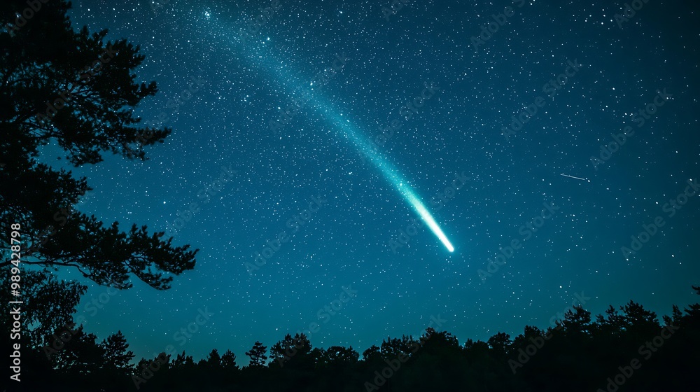 Celestial Spectacle: Comet's Luminous Trail in Night Sky over Forest Clearing Celestial Spectacle: Comet's Luminous Trail in Night Sky over Forest Clearing