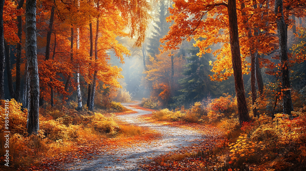 Obraz premium Vibrant Autumn Trail Through Dense Woods with Sunlit Leaves in Rich Fall Hues Captured in High-Quality Photorealistic Style 