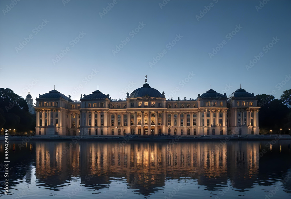 Majestic palace beautifully lit at dusk, reflecting on a calm body of water, showcasing classical architecture and serene evening ambiance.
Majestic palace beautifully lit at dusk, reflecting on a calm body of water, showcasing classical architecture and serene evening ambiance.