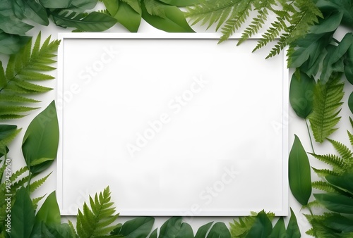 White Frame Green Leaves Background