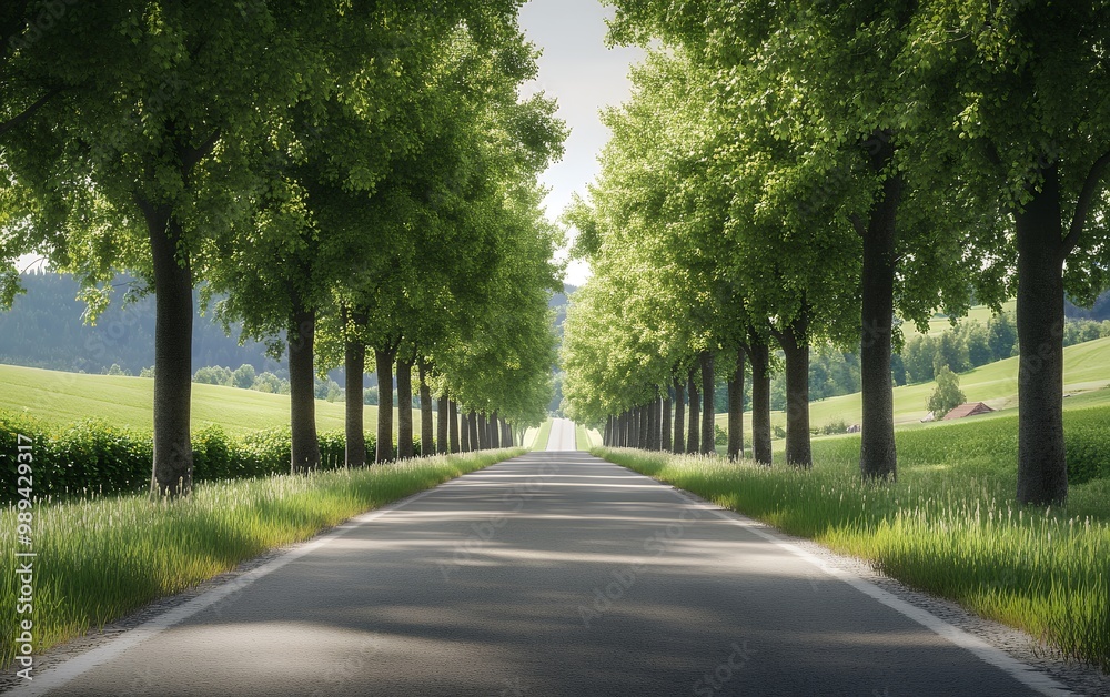 A long, winding road through a lush green forest. A long, winding road through a lush green forest.