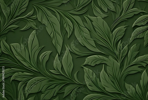 Seamless Green Leaf Pattern Engraved Design photo