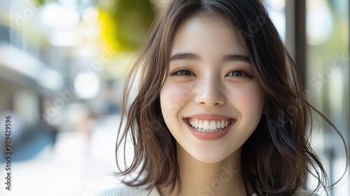 楽しい春の雰囲気：カードやプリント用の屋外で笑顔の女性