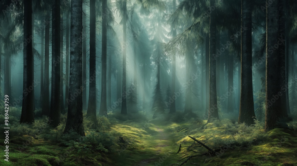 A serene forest scene with sunlight streaming through tall trees, casting rays of light on the lush green moss and foliage below. A serene forest scene with sunlight streaming through tall trees, casting rays of light on the lush green moss and foliage below.