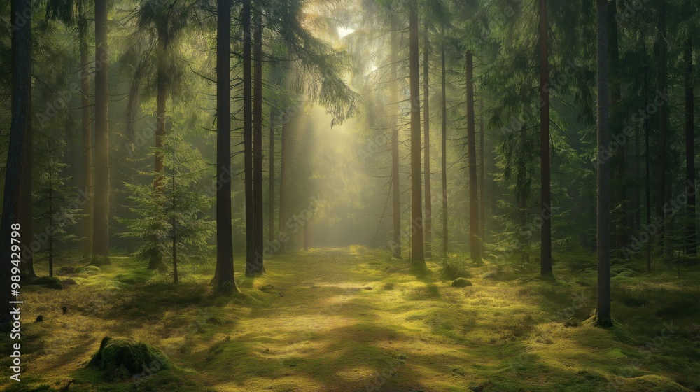 Obraz premium A serene forest scene with sunlight streaming through tall trees, casting rays of light on the lush green moss and foliage below.
