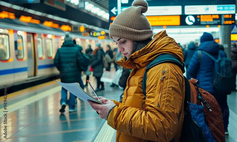A man in a yellow jacket is looking at a map while standing in a train station 4K Video A man in a yellow jacket is looking at a map while standing in a train station 4K Video