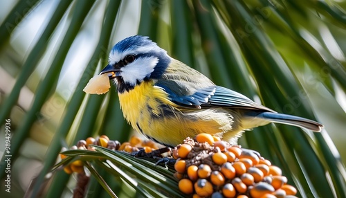 Blue tit feeding amid lush palm leaves photo