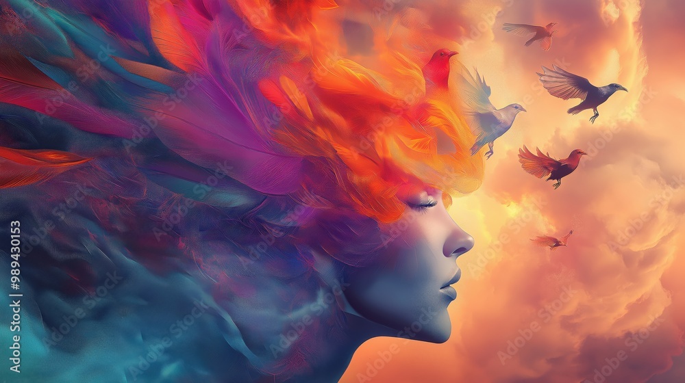 A surreal depiction of a woman with vibrant, flowing hair blending into colorful feathers, as birds fly into the dreamy sky. A surreal depiction of a woman with vibrant, flowing hair blending into colorful feathers, as birds fly into the dreamy sky.