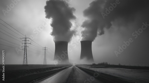 Black and white image of nuclear power plant towers releasing thick smoke into the sky, with power lines alongside a road.