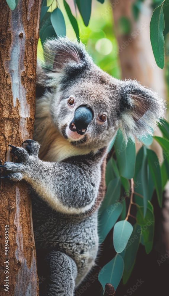 Obraz premium Close-Up of a Koala Clinging to a Eucalyptus Tree with Lush Green Leaves in the Background