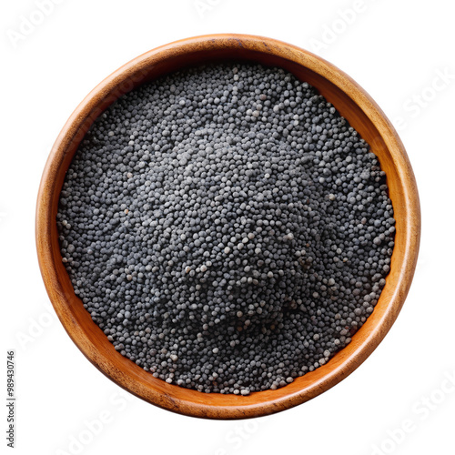 Close-up of black poppy seeds in wooden bowl, natural organic food, culinary ingredient