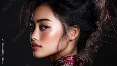 芸術的な肖像画に描かれた、洗練されたアップヘアのエレガントな日本人女性 photo