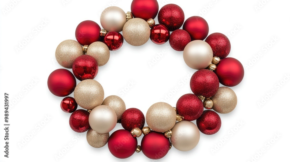 Festive Christmas wreath adorned with red and gold ornaments, perfect for holiday decorations and seasonal greetings against a white background Festive Christmas wreath adorned with red and gold ornaments, perfect for holiday decorations and seasonal greetings against a white background