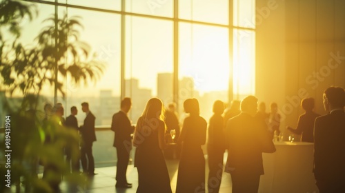 Wallpaper Mural Professionals networking at a business event in a modern venue, backlit by the golden glow of a sunset through large windows. Torontodigital.ca
