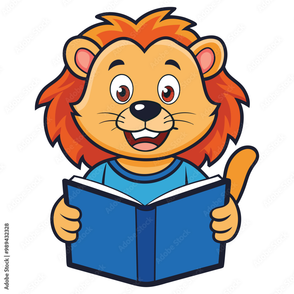 A cartoon illustration of a lion reading a book A cartoon illustration of a lion reading a book