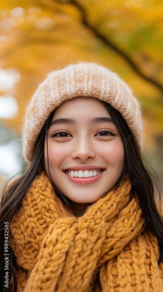 季節のファッションに暖かいニットウェアを着た笑顔の女性の心地よい秋のポートレート 季節のファッションに暖かいニットウェアを着た笑顔の女性の心地よい秋のポートレート