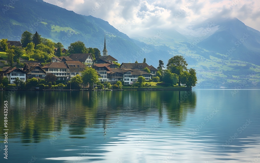 Fototapeta premium A quaint village nestled on the shores of a serene lake, framed by majestic mountains and a sky adorned with fluffy clouds.
