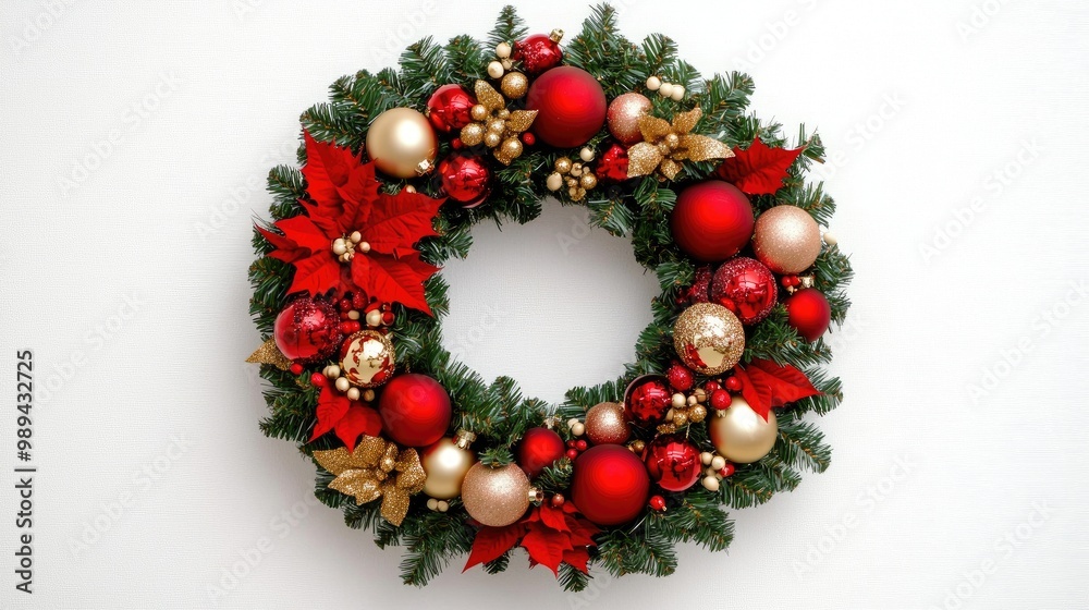 Festive Christmas wreath adorned with red and gold ornaments, perfect for holiday decorations and seasonal greetings against a white background Festive Christmas wreath adorned with red and gold ornaments, perfect for holiday decorations and seasonal greetings against a white background