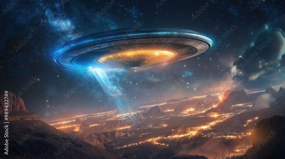 A colossal UFO emits glowing light over a desolate desert landscape, with mountains in the background under a starry sky. A colossal UFO emits glowing light over a desolate desert landscape, with mountains in the background under a starry sky.