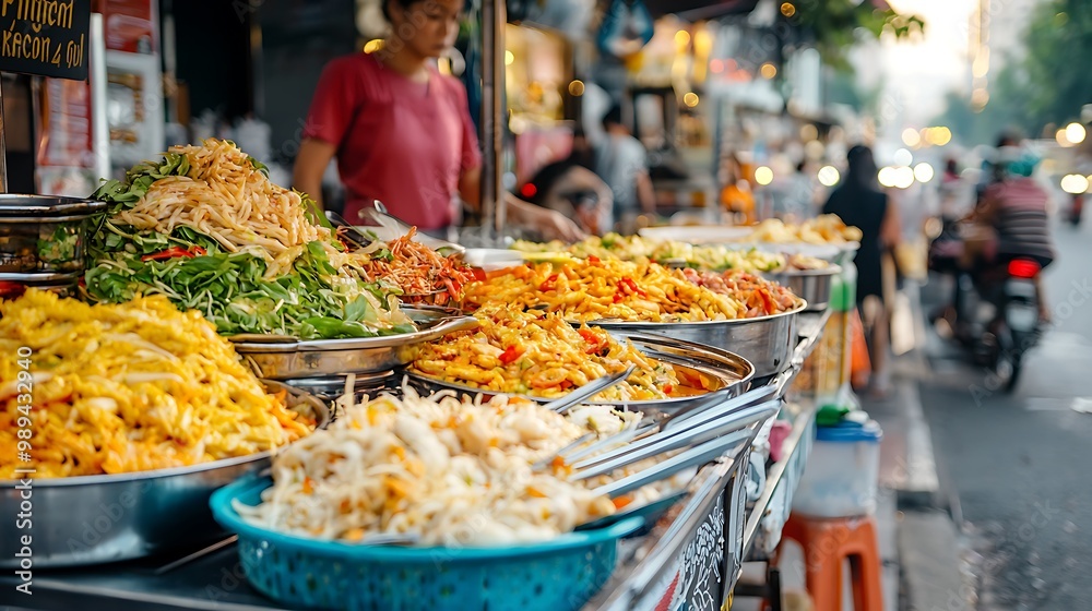 Fototapeta premium Vibrant Street Food Cart Surrounded by Bustling Urban Scene, Appetizing Cuisine on Display