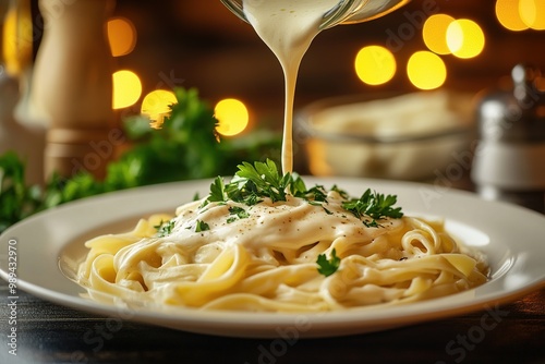 Fettuccine pasta served with creamy alfredo sauce and parsley garnish