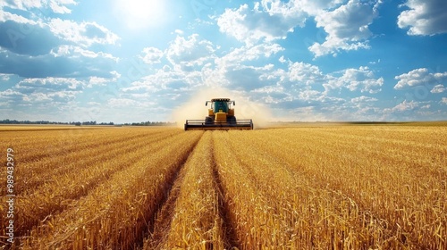 modern farming machinery, like a tractor or combine harvester, working on a large crop field