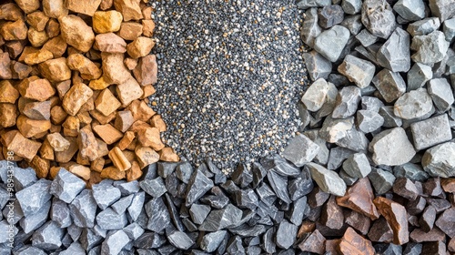 a pile of different types of gravel and stones, representing the aggregate materials used in construction