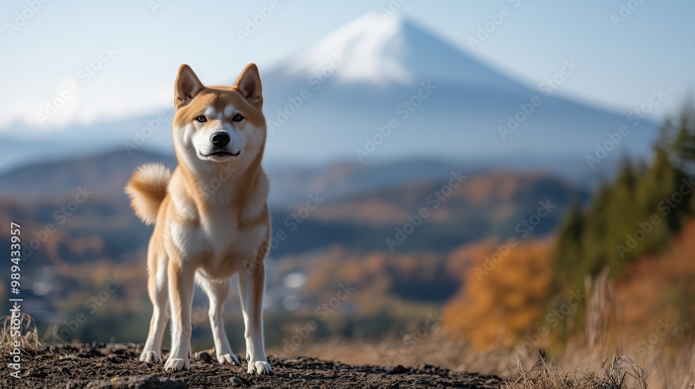 雄大な富士山の前で誇らしげに立つ秋田犬 雄大な富士山の前で誇らしげに立つ秋田犬