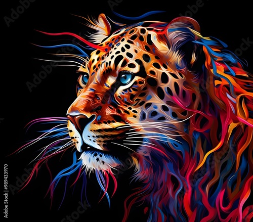 an abstract drawing of a away view for cheetah with colorful line with mixed pattern colorful background