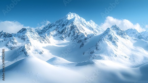 Snowy Mountain Peaks Under Sunlit Sky