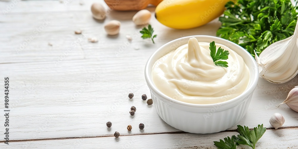 Mayonnaise in a white bowl garnished with parsley, surrounded by garlic, lemon, and spices on a light wooden background Mayonnaise in a white bowl garnished with parsley, surrounded by garlic, lemon, and spices on a light wooden background